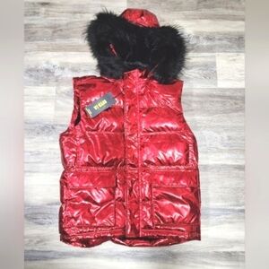 GFTD LA Red Faux Fur Hooded Puffer Long Vest With Removable Hood - New With Tags